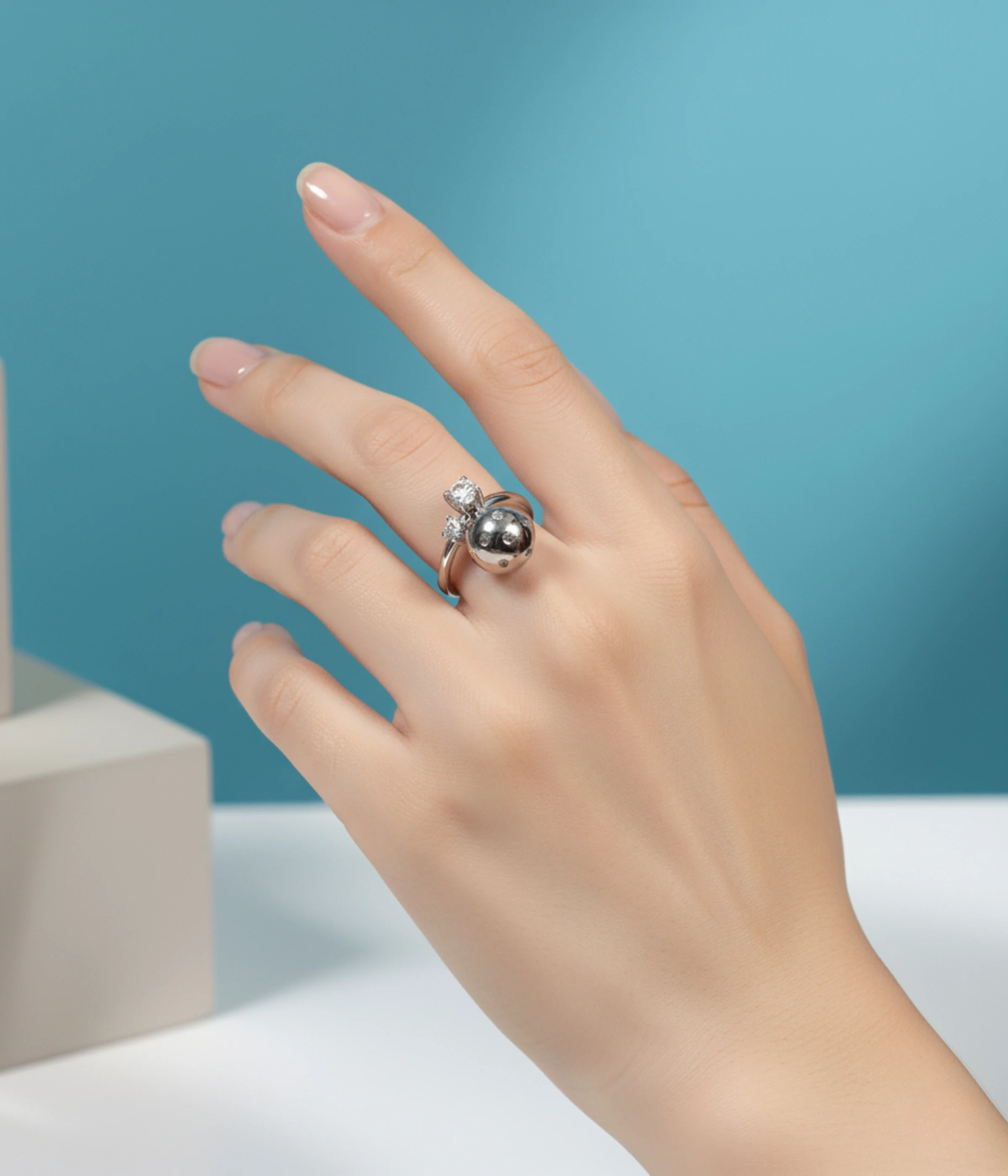 Silver Ring with Crystal Ball Charm and Cubic Zirconia Accent (A-25)