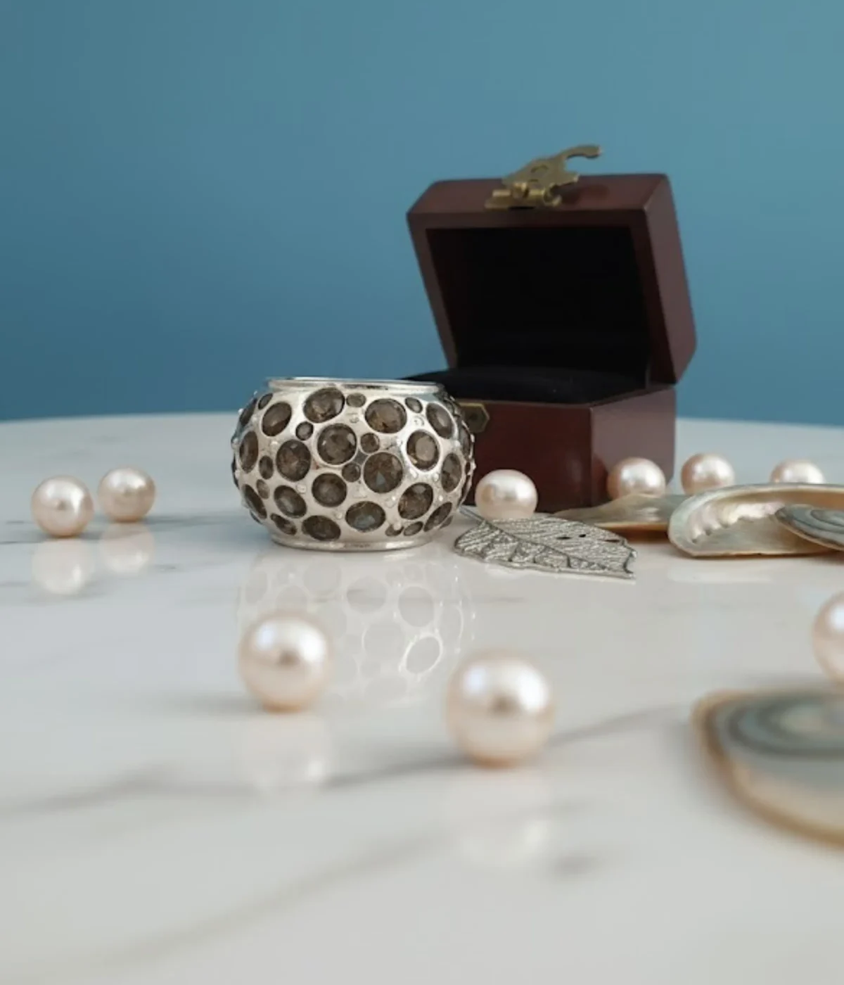 Sterling Silver Wide Band Ring. Statement, Bubble Dome shape with a heavily textured surface. Features artistic circular accents filled with Brown Enamel. Contemporary Cocktail Ring.