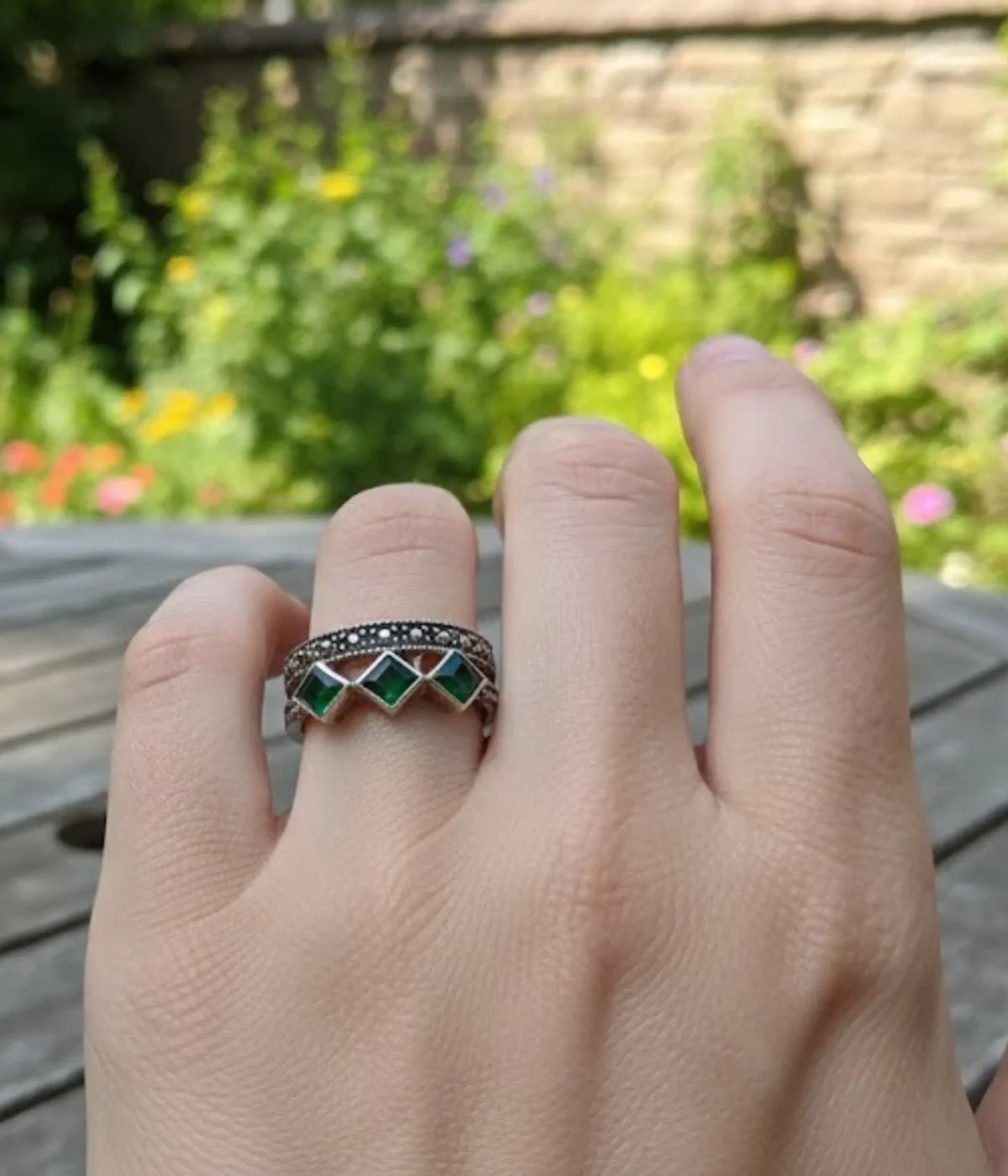 Oxidized Sterling Silver Stack Ring. Bohemian style double band featuring a beaded top band and three square Green Emerald-style stones. Vintage Tribal jewelry.