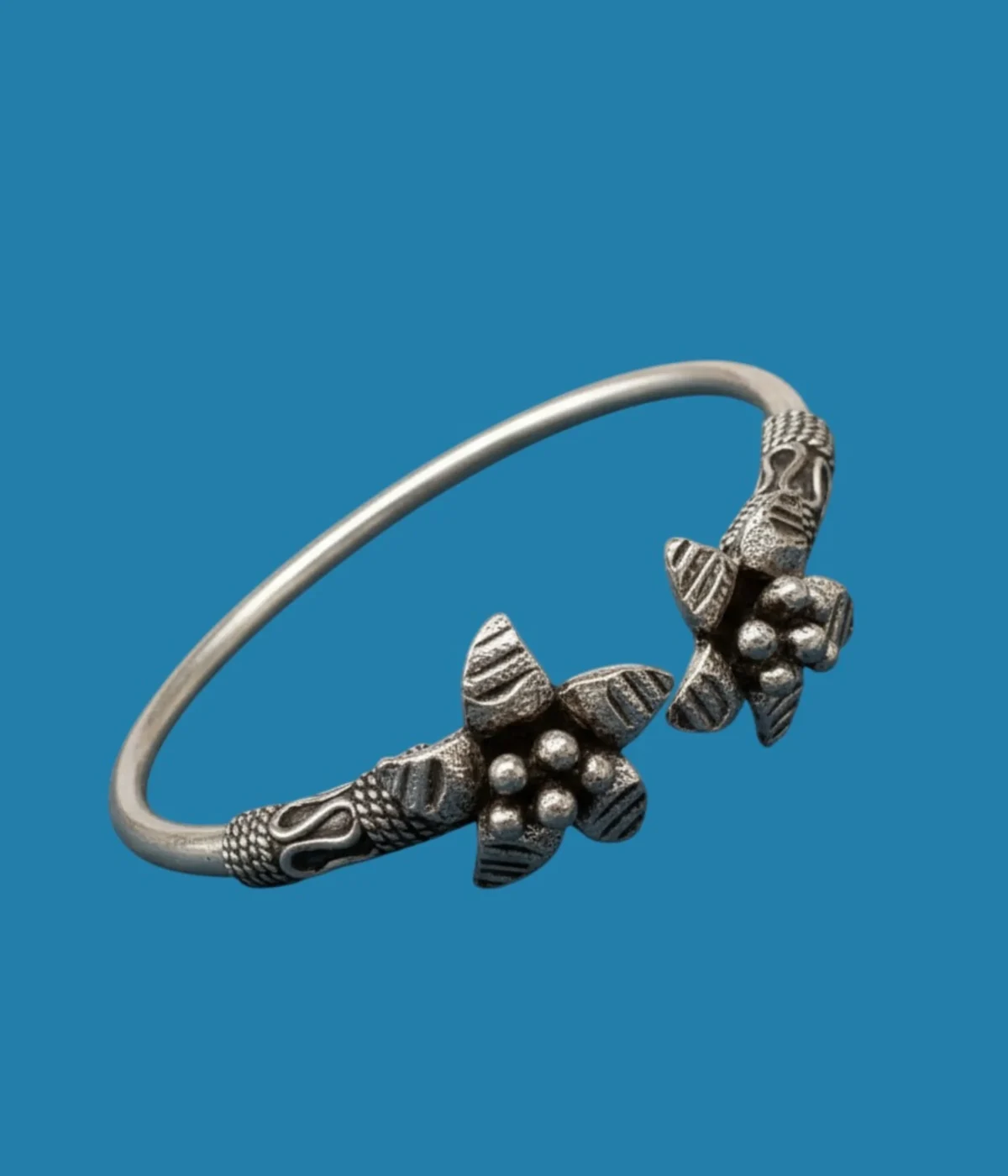 Oxidized Tribal Style Open Kada Bracelet with Flower Design