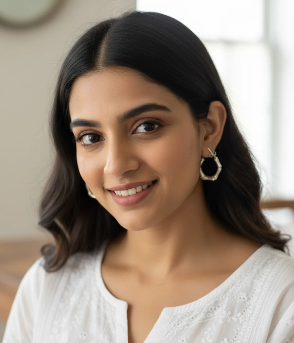Pair of Silver Bamboo Hoop Earrings. Small, chunky hexagon shape with a segmented, organic textured finish, displayed on white paper next to driftwood and sea glass.