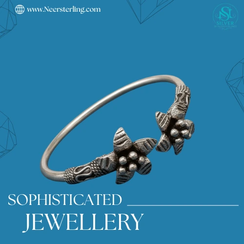 Oxidized Tribal Style Open Kada Bracelet with Flower Design