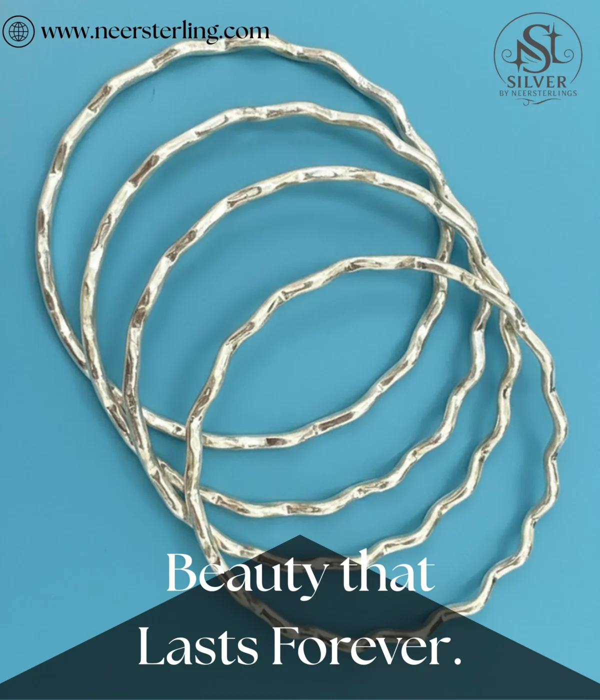 Set of 4 Sterling Silver Wave Stacking Bangles featuring a minimalist ripple texture. Dainty 925 silver layering jewelry and a unique everyday gift for women.