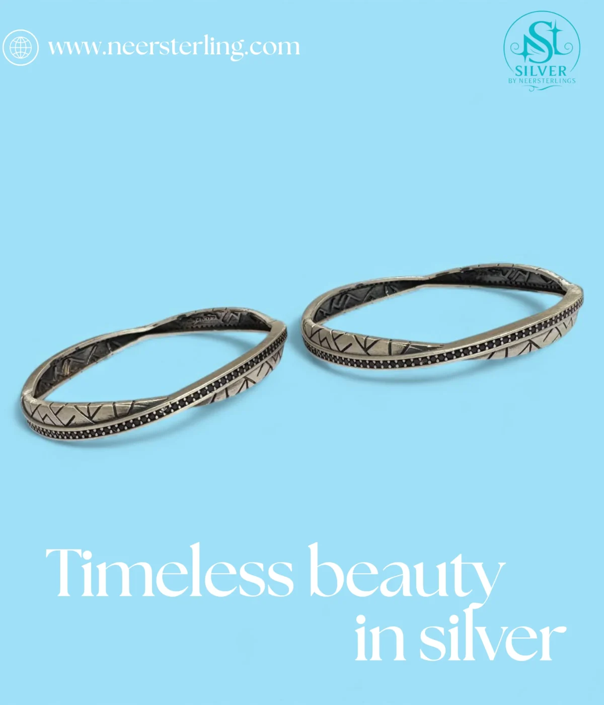 925 Sterling Silver Twisted Bangle with oxidized geometric and beaded texture. Vintage statement stackable bracelet; a unique boho gift.