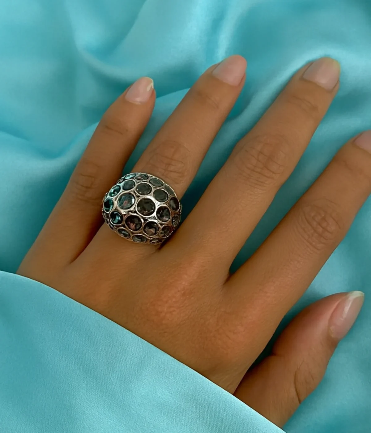 Sterling Silver Wide Band Ring. Statement, Bubble Dome shape with a heavily textured surface. Features artistic circular accents filled with Brown Enamel. Contemporary Cocktail Ring.