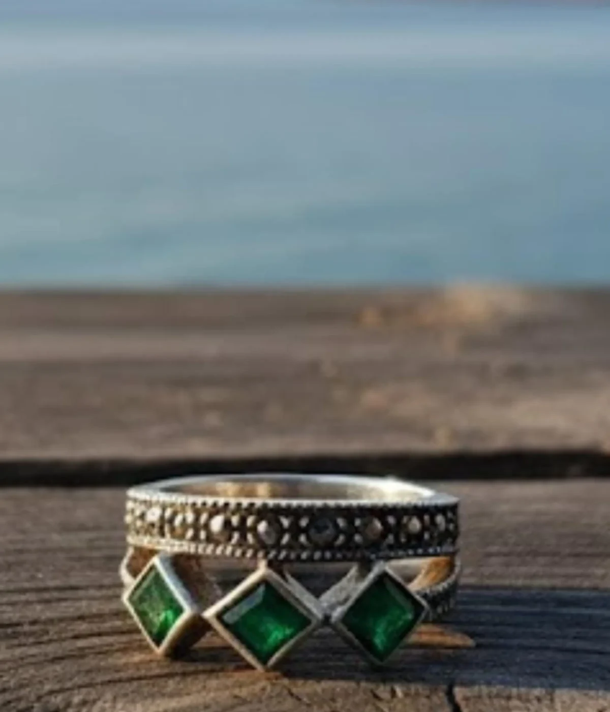 Oxidized Sterling Silver Stack Ring. Bohemian style double band featuring a beaded top band and three square Green Emerald-style stones. Vintage Tribal jewelry.