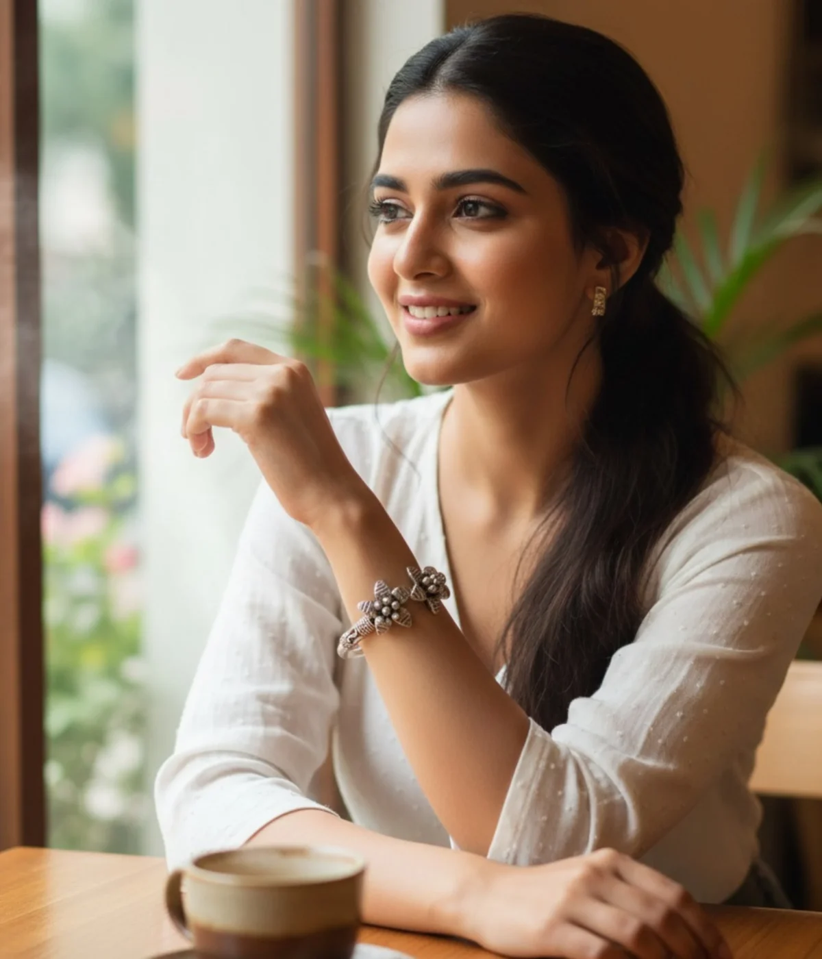 Oxidized Tribal Style Open Kada Bracelet with Flower Design