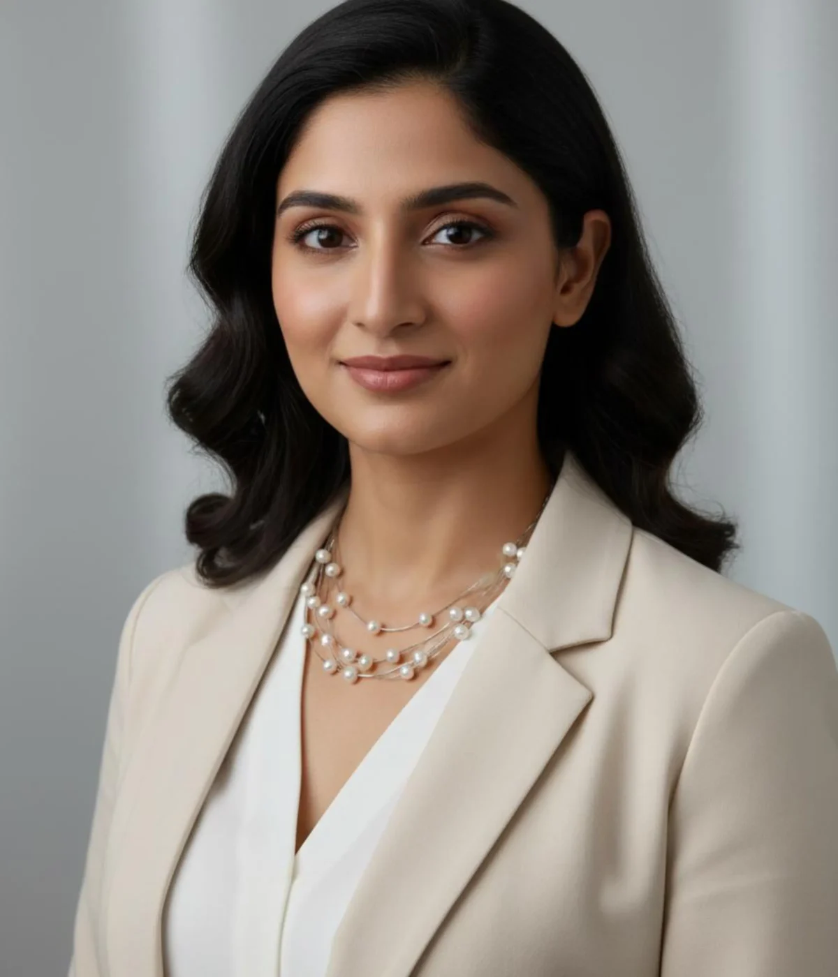 3-Strand Floating Pearl Necklace. Multi-layer illusion choker featuring small white pearls suspended on fine wire, displayed on a dark wooden cube.
