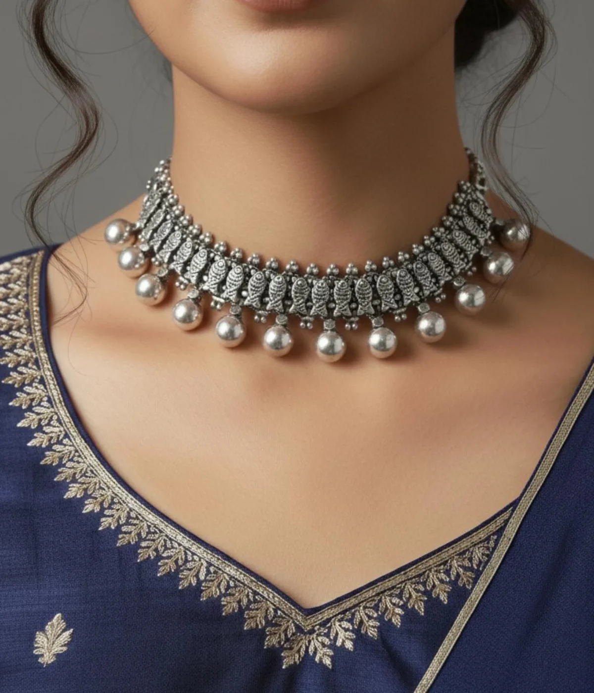 Oxidized Silver Ball Drop Necklace and Earring Set. Tribal choker with ball (Ghungroo) fringe and matching antique finish earrings, displayed on a carved wooden box.