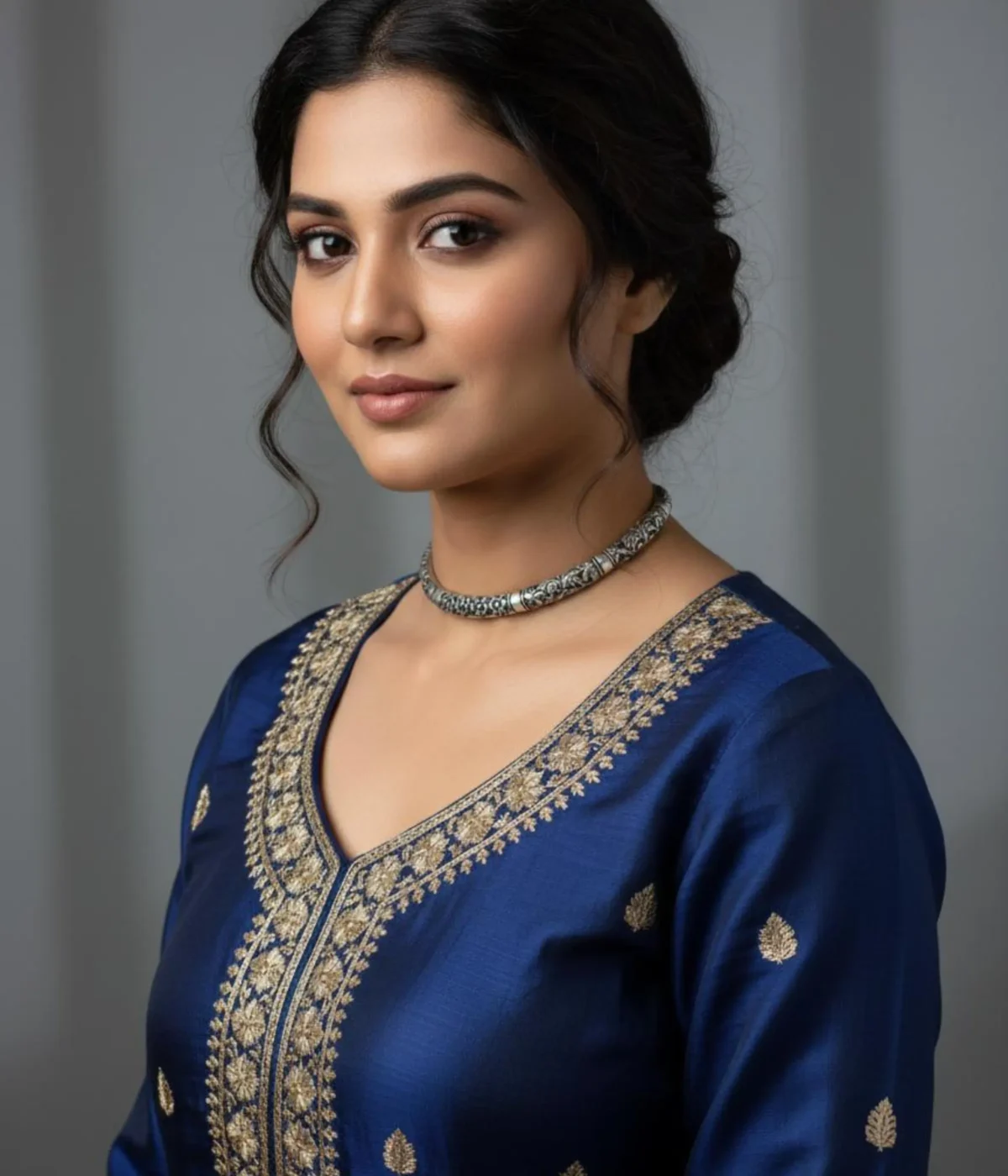 Oxidized Silver Floral Choker Necklace. Rigid, open cuff collar with detailed tribal engraving and an antique finish, displayed on ruffled teal silk fabric.