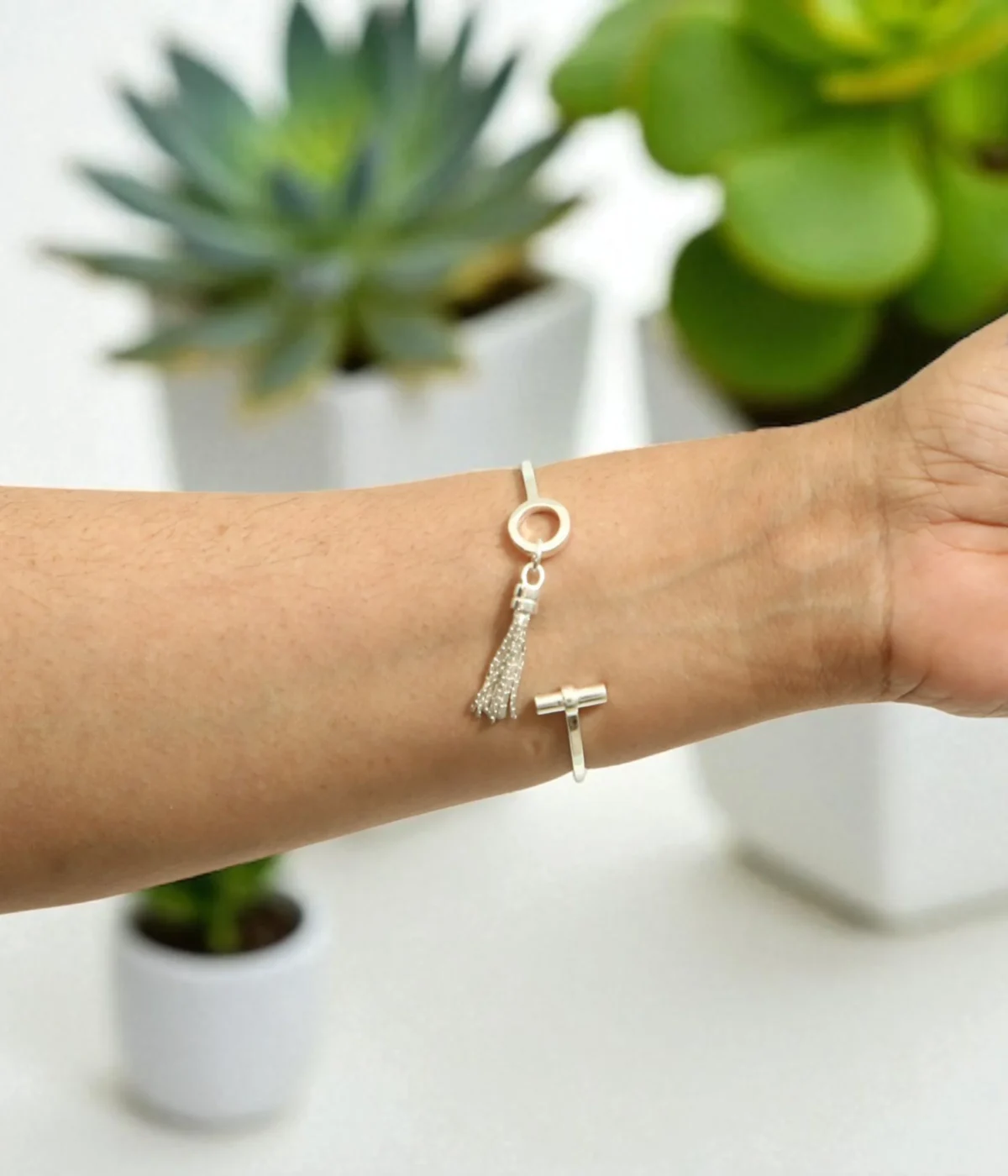 925 Sterling Silver Open Cuff Bangle with a dangling chain tassel charm. Minimalist and adjustable silver jewelry; a unique gift and modern dainty statement.