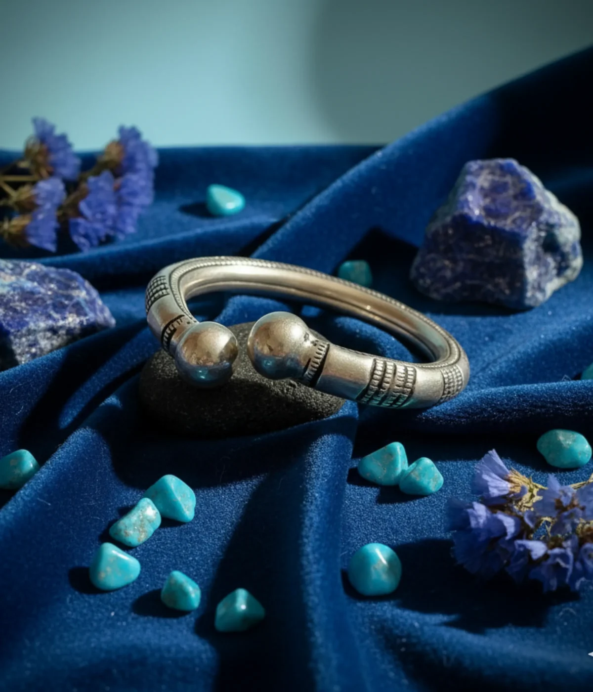 925 Sterling Silver Tribal Cuff Bangle with oxidized engraved texture and solid ball ends. A vintage statement and ethnic open bracelet gift for her.