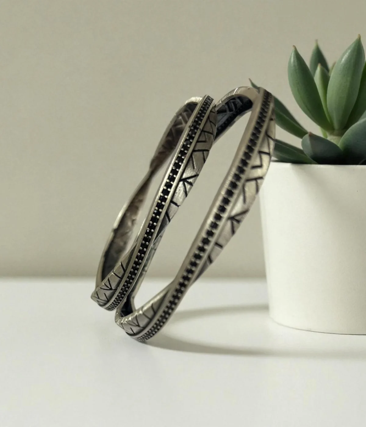 925 Sterling Silver Twisted Bangle with oxidized geometric and beaded texture. Vintage statement stackable bracelet; a unique boho gift.