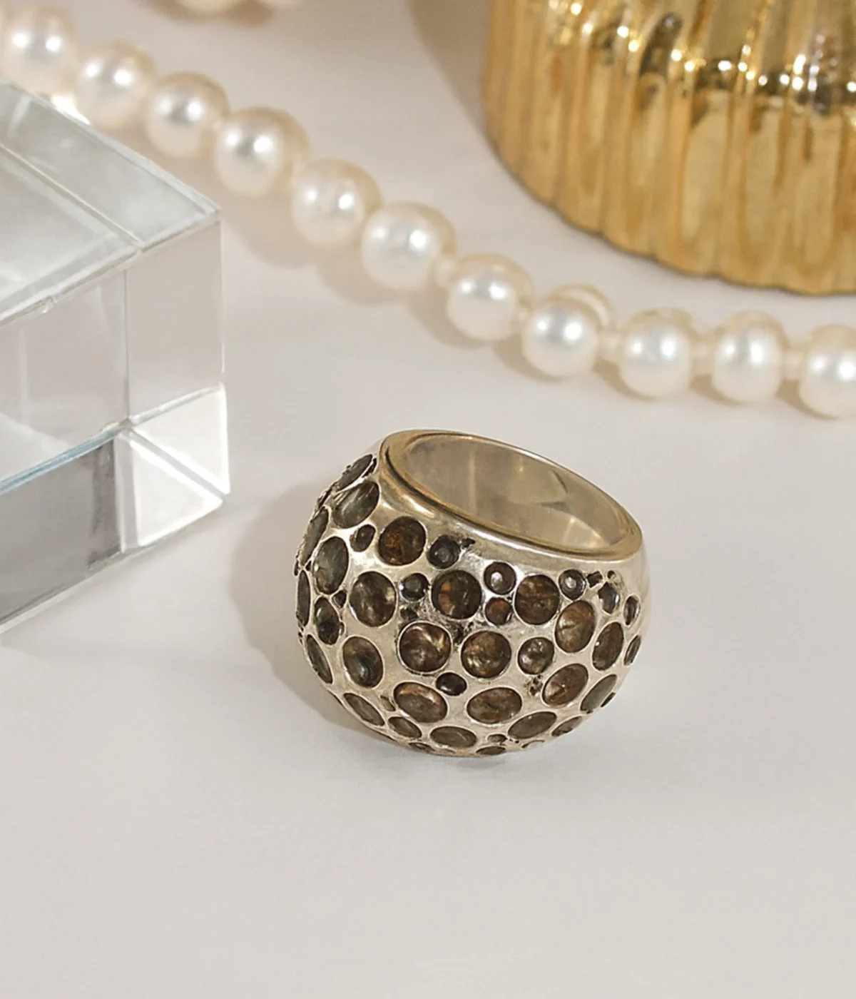 Sterling Silver Wide Band Ring. Statement, Bubble Dome shape with a heavily textured surface. Features artistic circular accents filled with Brown Enamel. Contemporary Cocktail Ring.