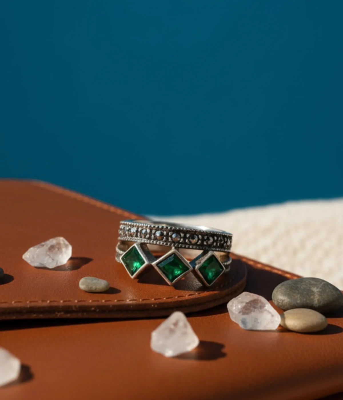 Oxidized Sterling Silver Stack Ring. Bohemian style double band featuring a beaded top band and three square Green Emerald-style stones. Vintage Tribal jewelry.