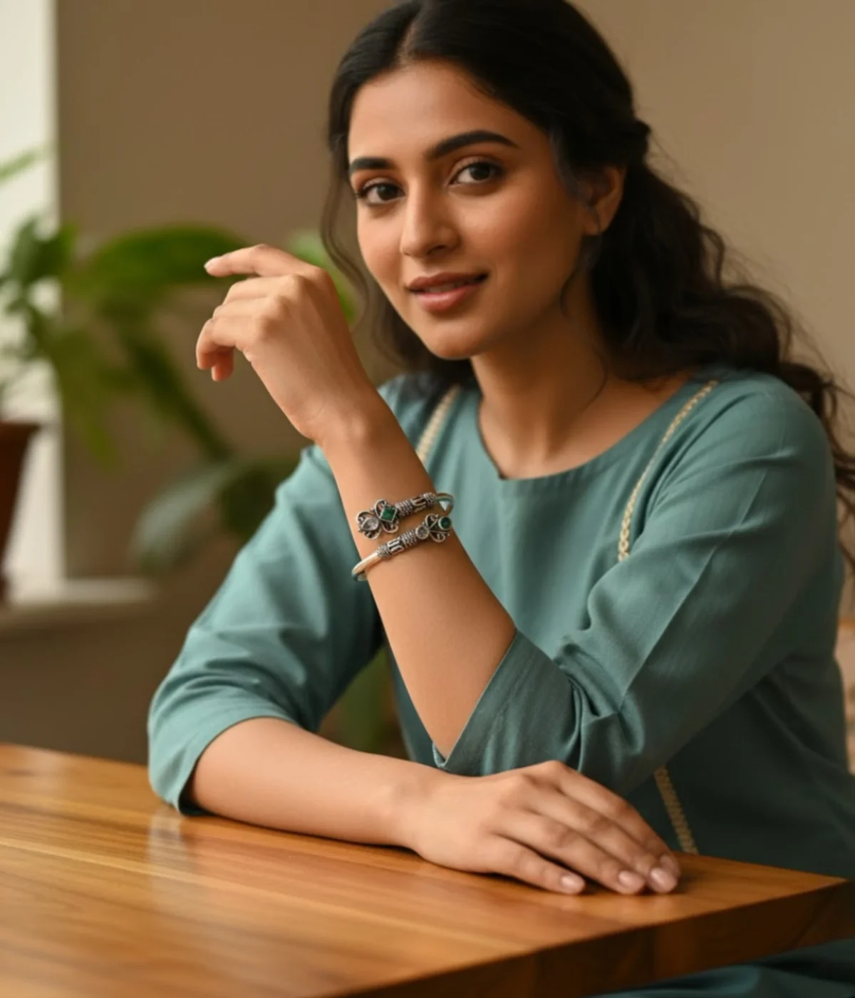 Ethnic oxidized silver open cuff bangle with intricate tribal detailing, featuring green stone and clear crystal accents in a Boho butterfly design.