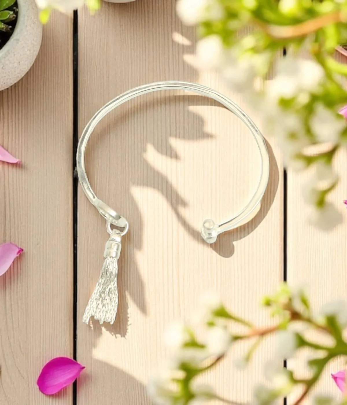 925 Sterling Silver Open Cuff Bangle with a dangling chain tassel charm. Minimalist and adjustable silver jewelry; a unique gift and modern dainty statement.