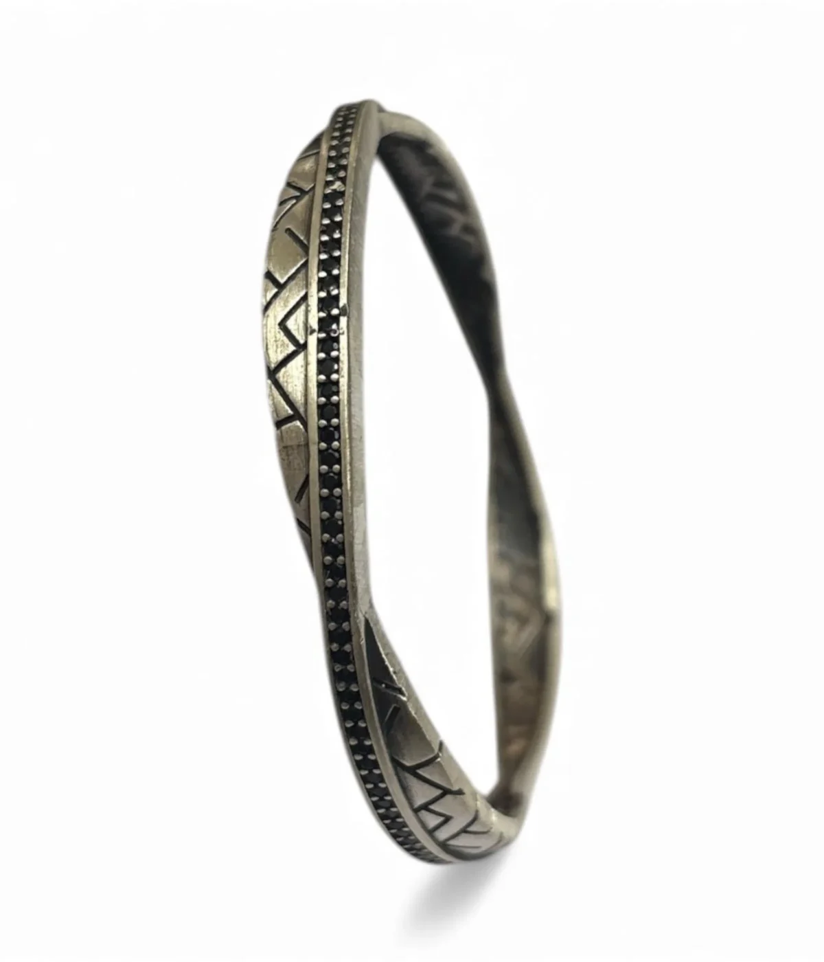 925 Sterling Silver Twisted Bangle with oxidized geometric and beaded texture. Vintage statement stackable bracelet; a unique boho gift.