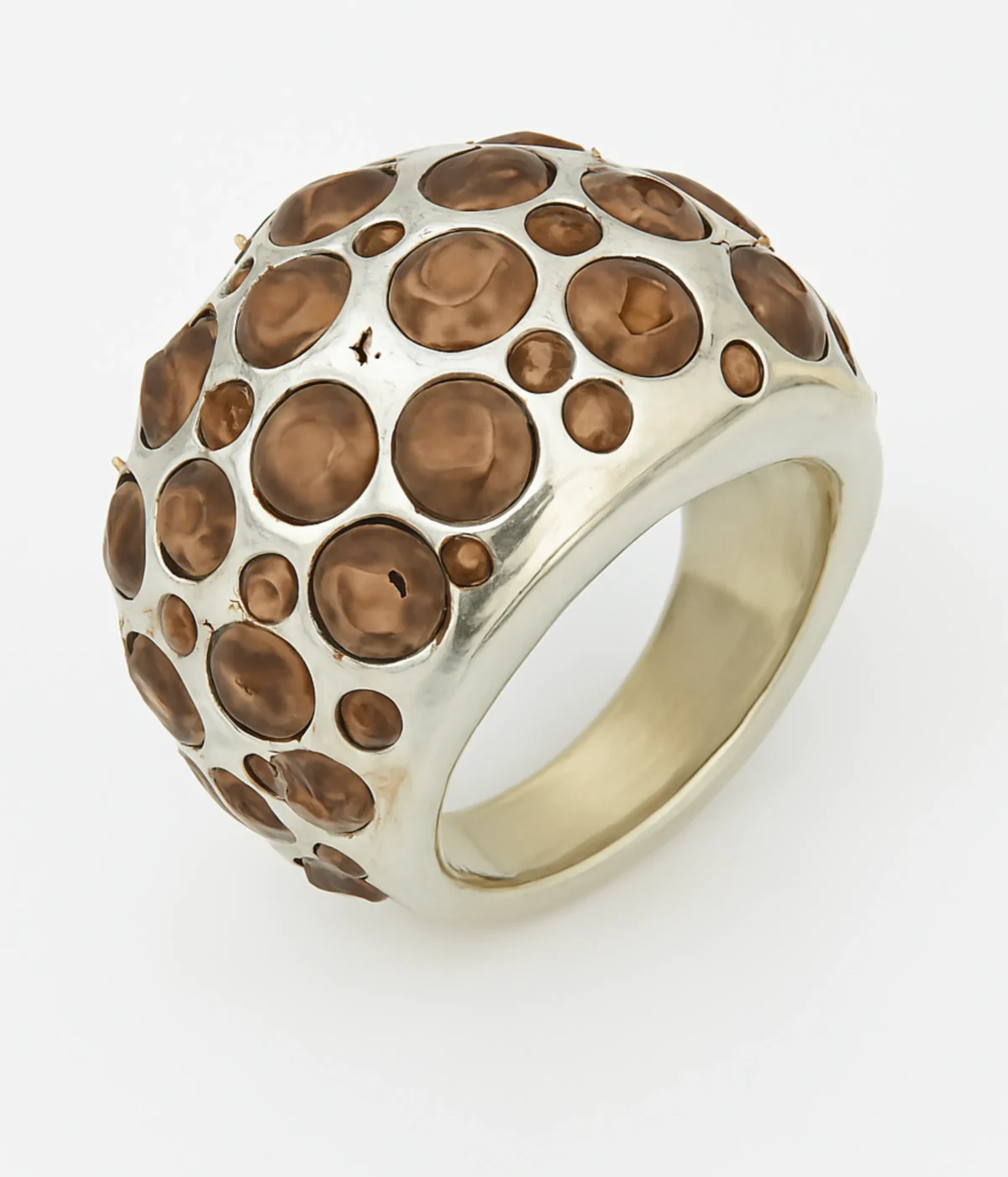 Sterling Silver Wide Band Ring. Statement, Bubble Dome shape with a heavily textured surface. Features artistic circular accents filled with Brown Enamel. Contemporary Cocktail Ring.