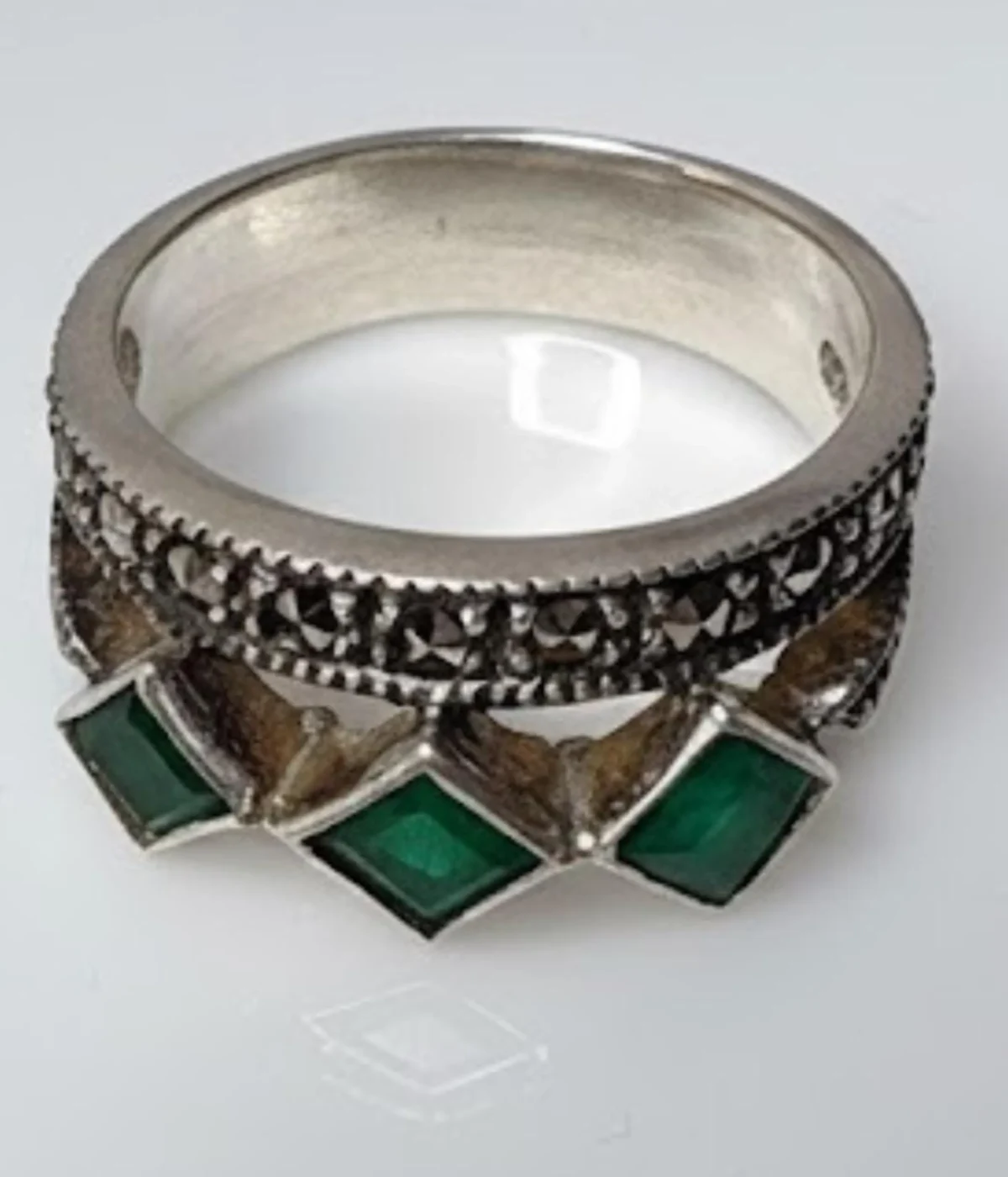 Oxidized Sterling Silver Stack Ring. Bohemian style double band featuring a beaded top band and three square Green Emerald-style stones. Vintage Tribal jewelry.