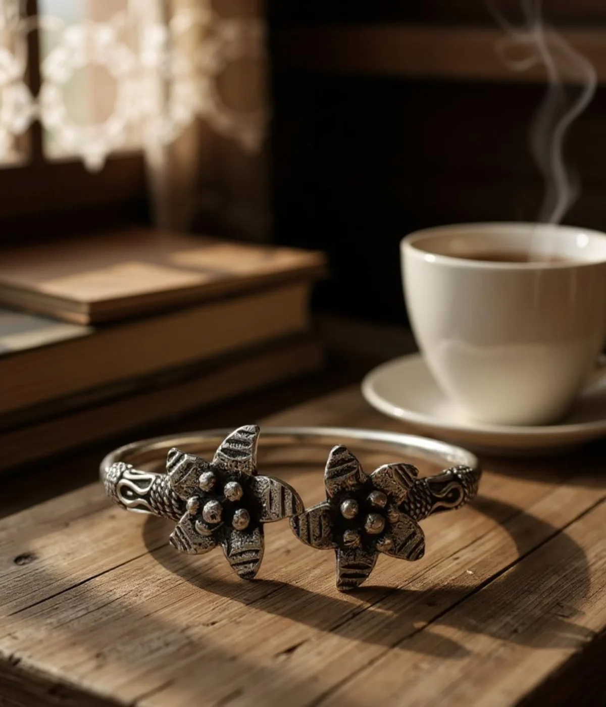 Oxidized Tribal Style Open Kada Bracelet with Flower Design