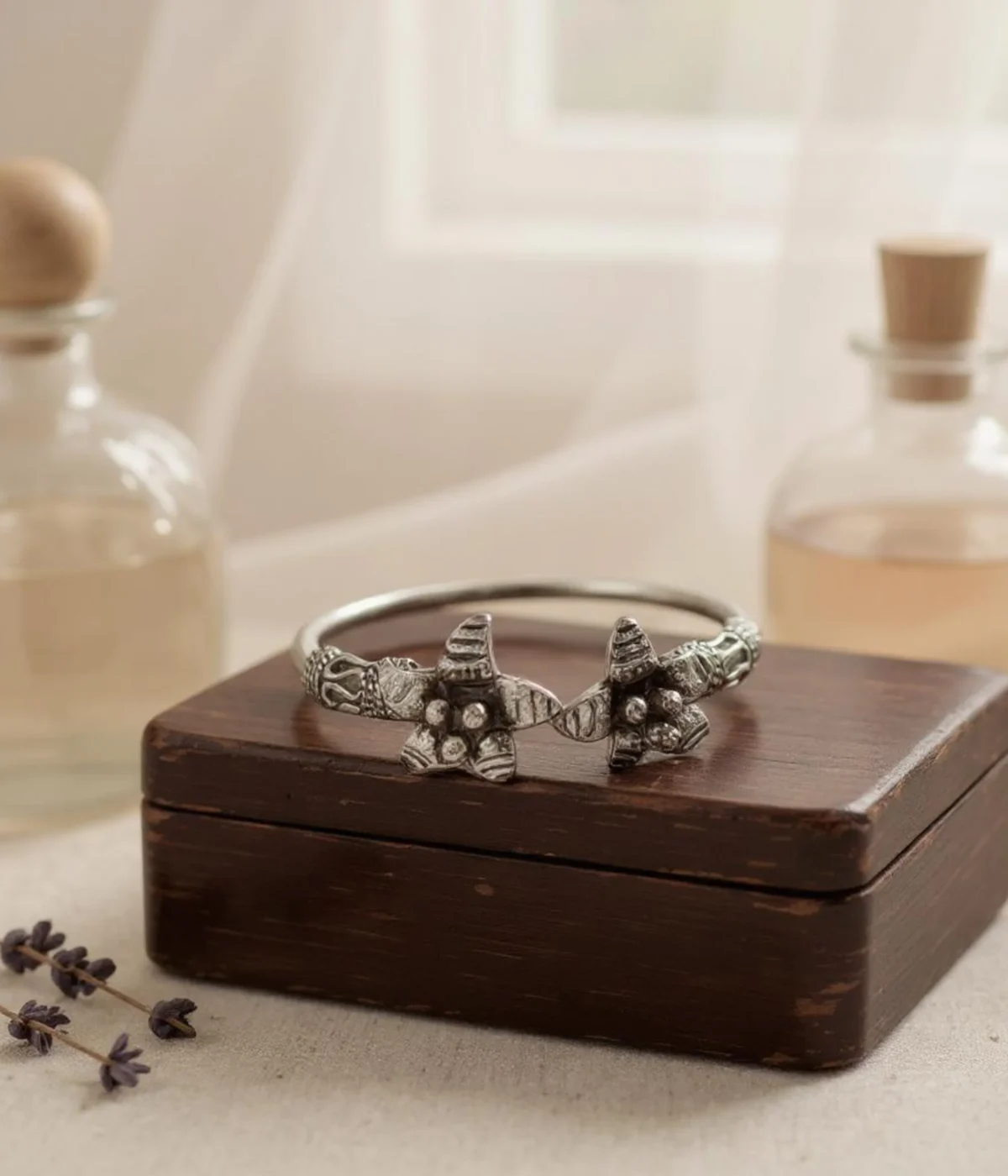 Oxidized Tribal Style Open Kada Bracelet with Flower Design