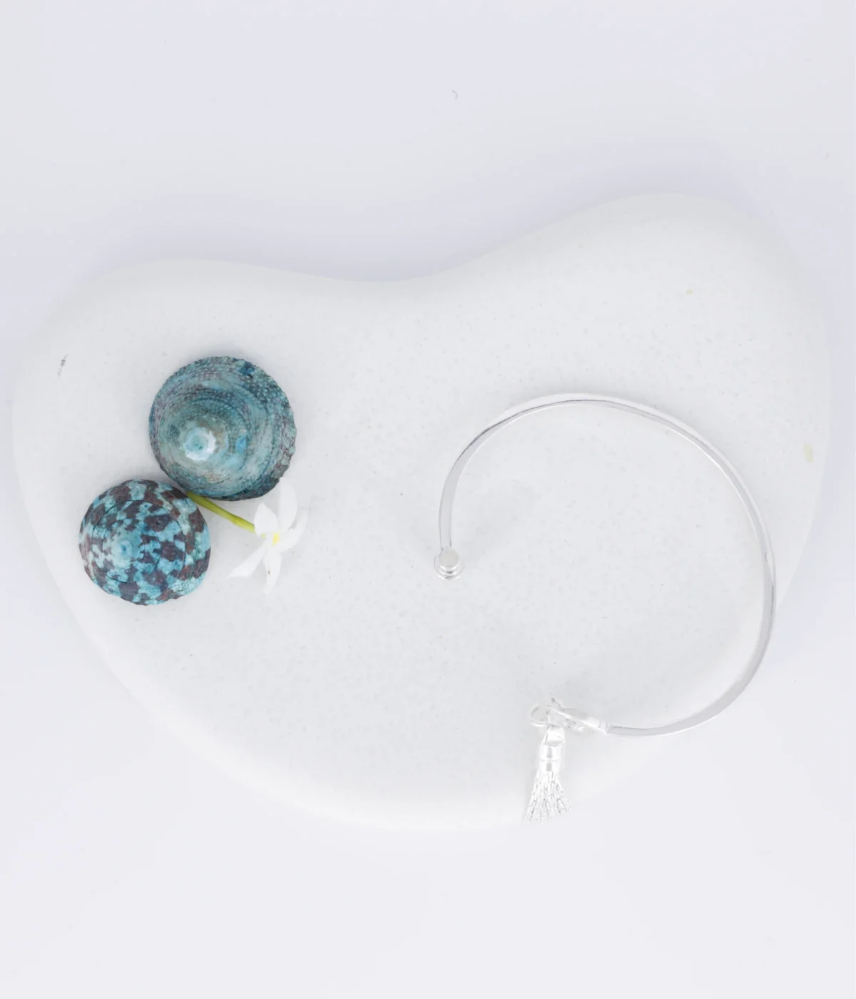 925 Sterling Silver Open Cuff Bangle with a dangling chain tassel charm. Minimalist and adjustable silver jewelry; a unique gift and modern dainty statement.