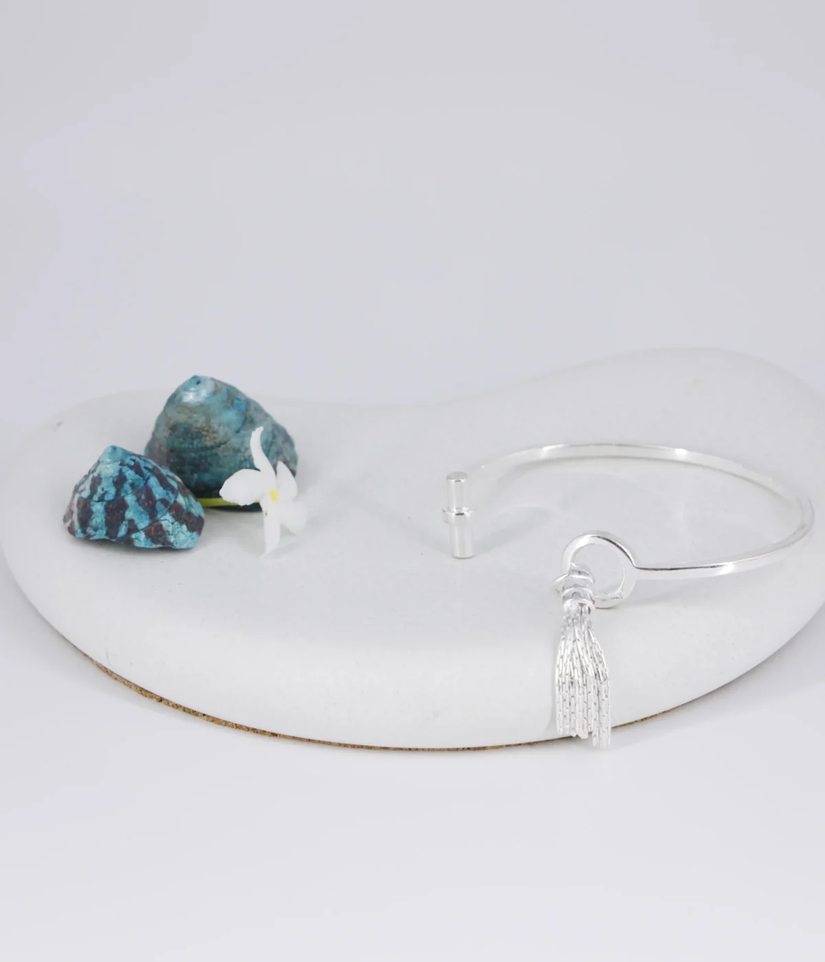 925 Sterling Silver Open Cuff Bangle with a dangling chain tassel charm. Minimalist and adjustable silver jewelry; a unique gift and modern dainty statement.