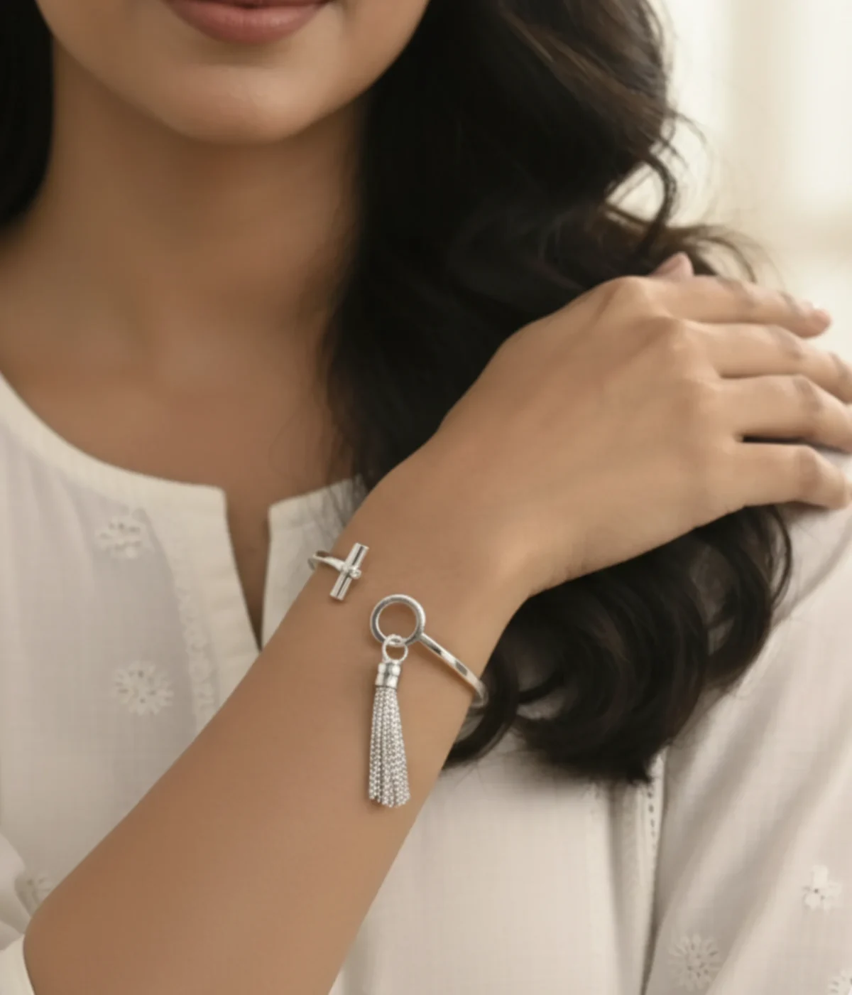 925 Sterling Silver Open Cuff Bangle with a dangling chain tassel charm. Minimalist and adjustable silver jewelry; a unique gift and modern dainty statement.