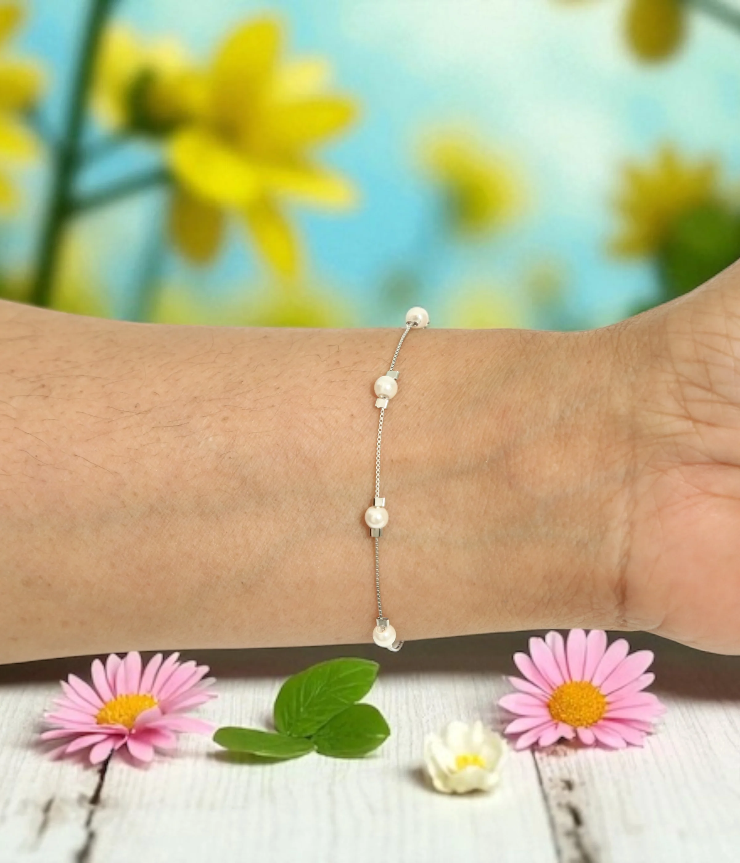 NeerSterling Silver Dainty Floating Pearl Station Bracelet. Minimalist 925 silver chain featuring evenly spaced freshwater pearls. Elegant stacking jewelry (consider 4 quantity for layering).