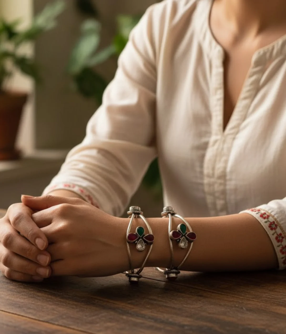 Neersterling Pair of Oxidized Sterling Silver Cuff Bangles worn on a woman's wrist. Ethnic Indian Kada style featuring prominent Ruby (red) and Emerald (green) gemstone accents on an antique finish.
