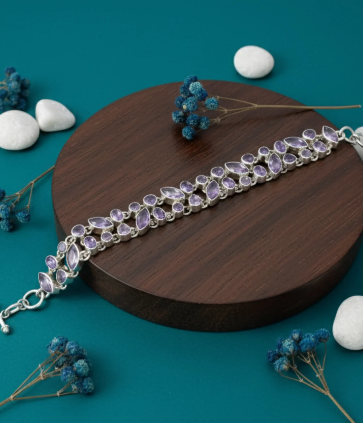 NeerSterling Silver Amethyst Link Bracelet featuring a double row cluster of marquise and round purple gemstones. Elegant 925 silver statement jewelry for women.