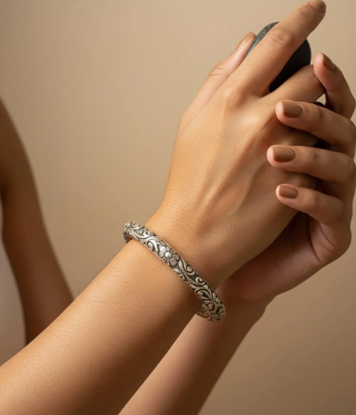 Heavy Oxidized Sterling Silver Open Cuff Bangle. Features deep floral carving and large ornate ball finials. Tribal Indian Kada jewelry with an antique silver finish.