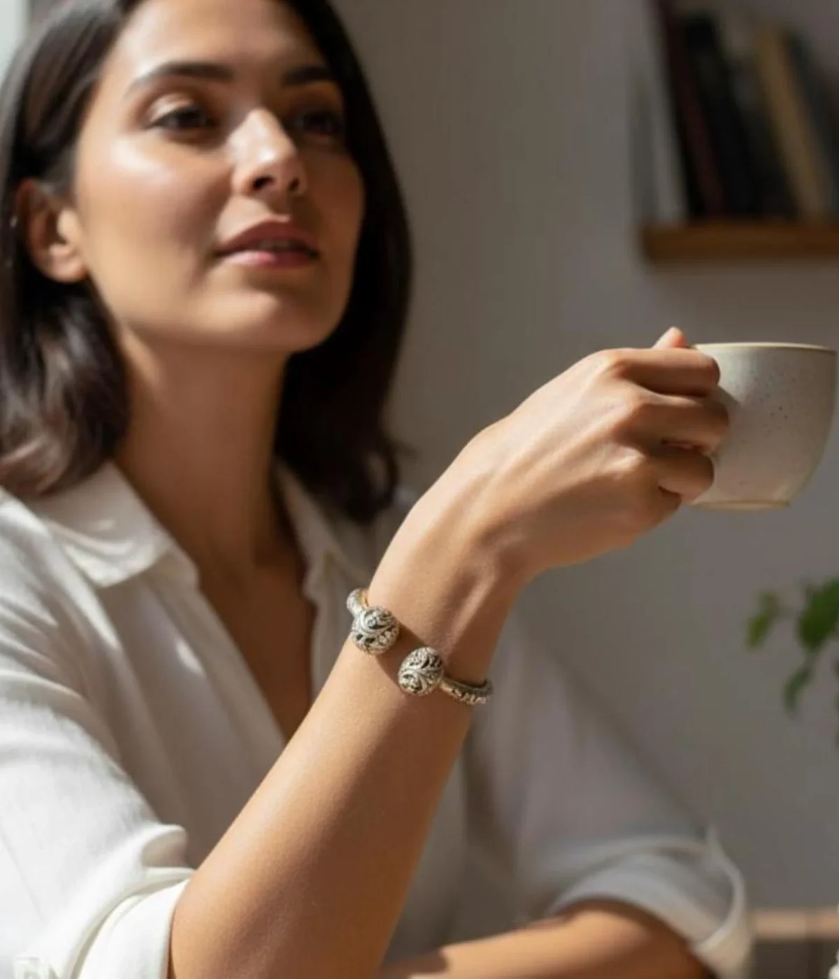 Heavy Oxidized Sterling Silver Open Cuff Bangle. Features deep floral carving and large ornate ball finials. Tribal Indian Kada jewelry with an antique silver finish.