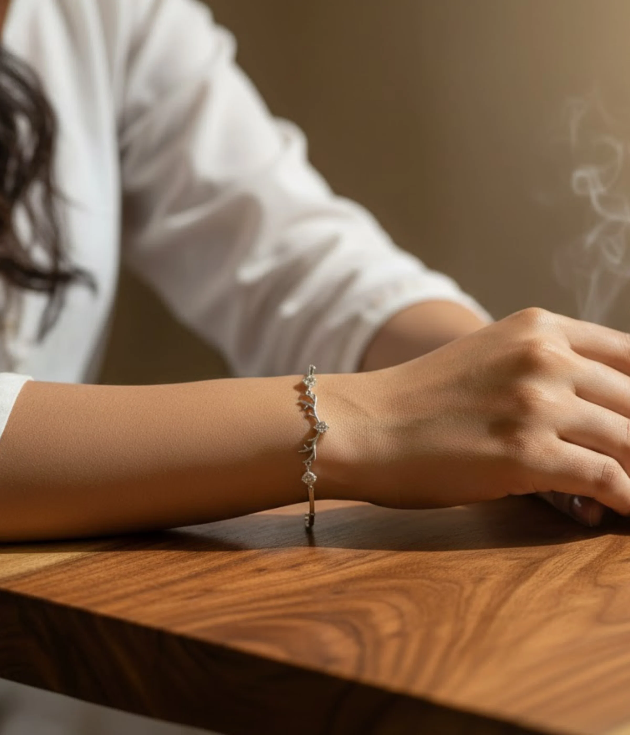 Sterling Silver Antler Charm Bracelet on a teal background. Features a minimalist reindeer antler motif accented with sparkling CZ stones. Dainty 925 silver nature-inspired jewelry for women.