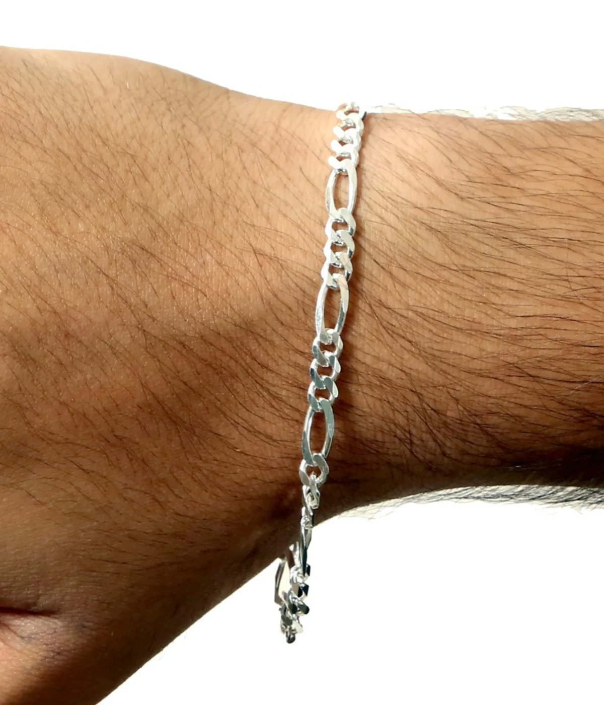 Close-up shot of a Men's Sterling Silver Figaro Chain Bracelet worn on a man's wrist. This 925 Silver Link Kada is a classic and durable accessory suitable for everyday wear.