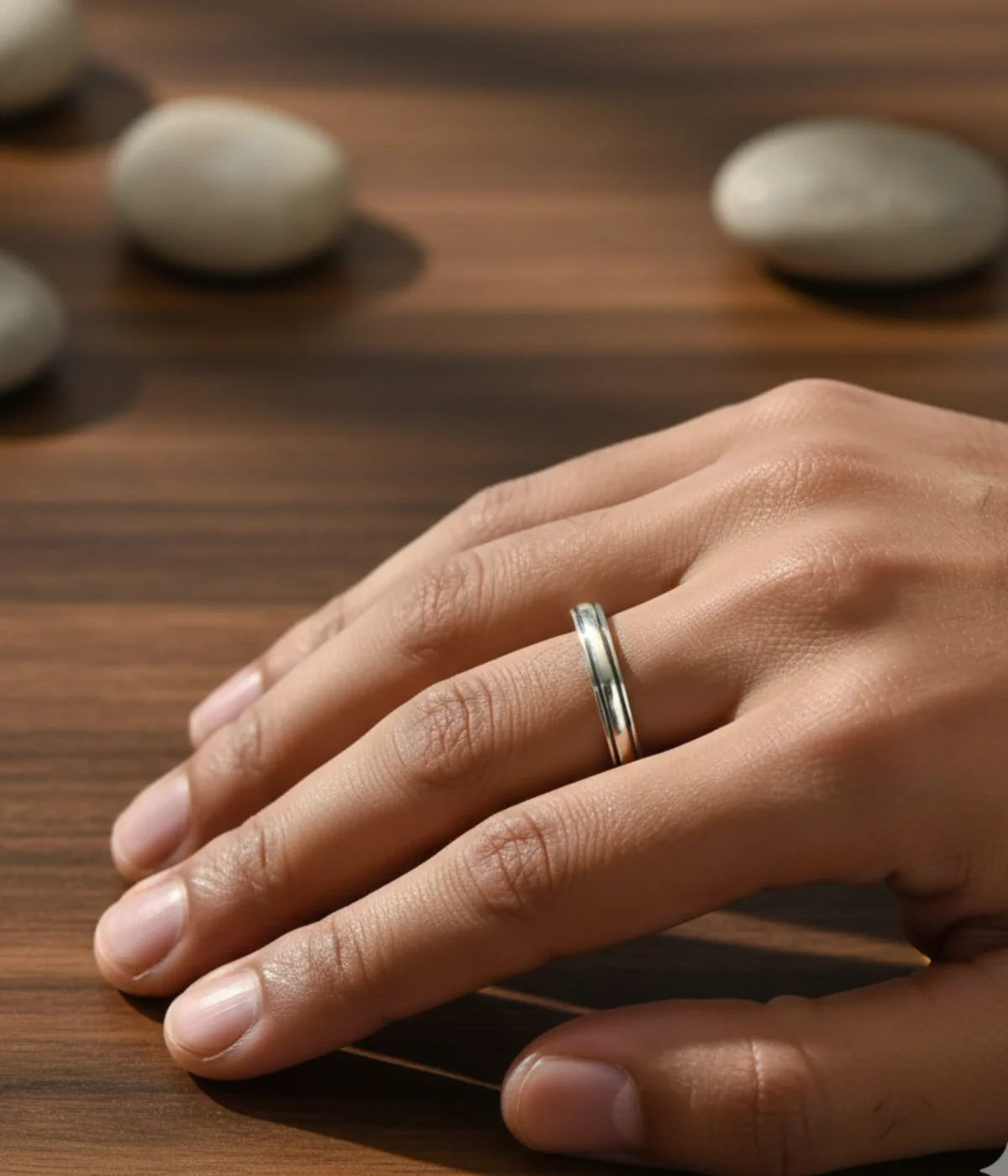 Men's Sterling Silver Minimalist Band Ring featuring a central grooved design. The polished 925 Silver ring is displayed on a white surface, suitable for everyday wear.