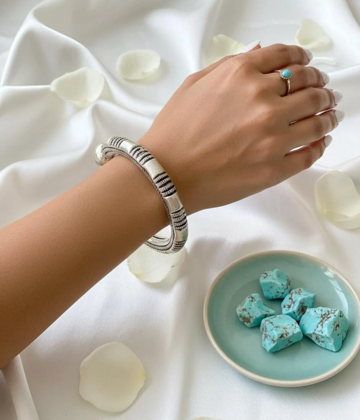 925 Sterling Silver Tribal Cuff Bangle with oxidized engraved texture and solid ball ends. A vintage statement and ethnic open bracelet gift for her.