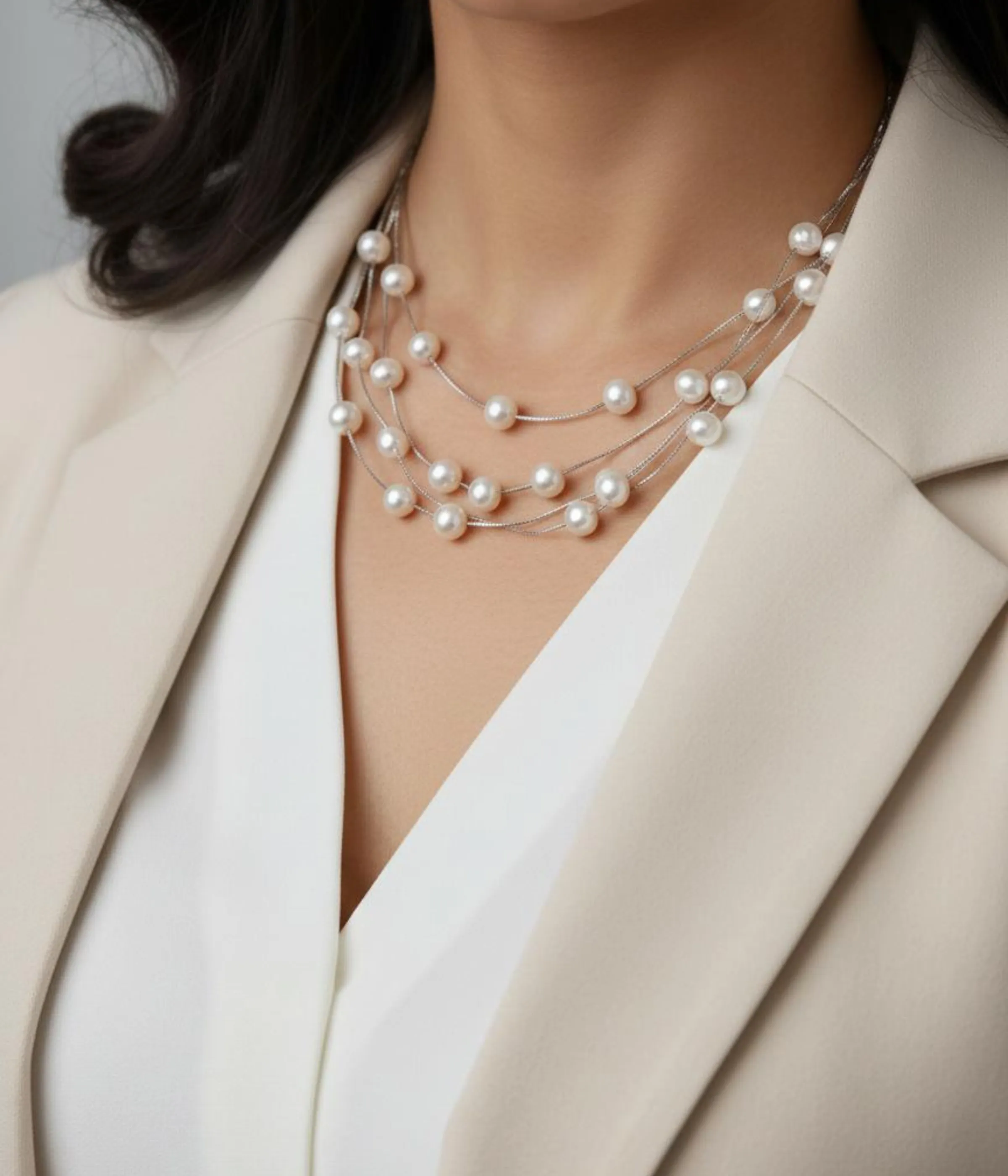 3-Strand Floating Pearl Necklace. Multi-layer illusion choker featuring small white pearls suspended on fine wire, displayed on a dark wooden cube.