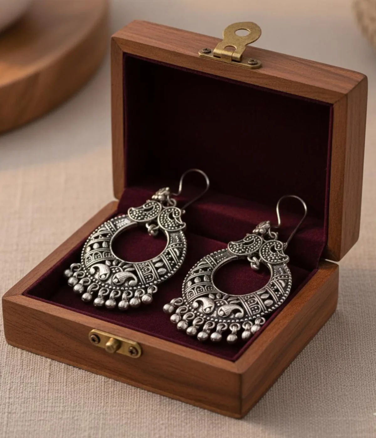 Pair of Oxidized Silver Peacock Drop Earrings. Large Traditional Chandbali Jhumka style with intricate ghungroo drops and tribal carving, displayed inside a velvet-lined wooden jewelry box.