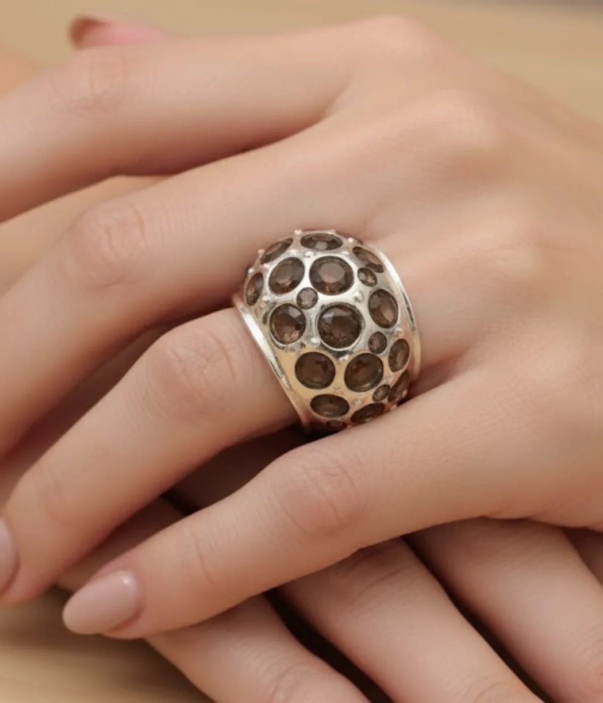 Sterling Silver Wide Band Ring. Statement, Bubble Dome shape with a heavily textured surface. Features artistic circular accents filled with Brown Enamel. Contemporary Cocktail Ring.