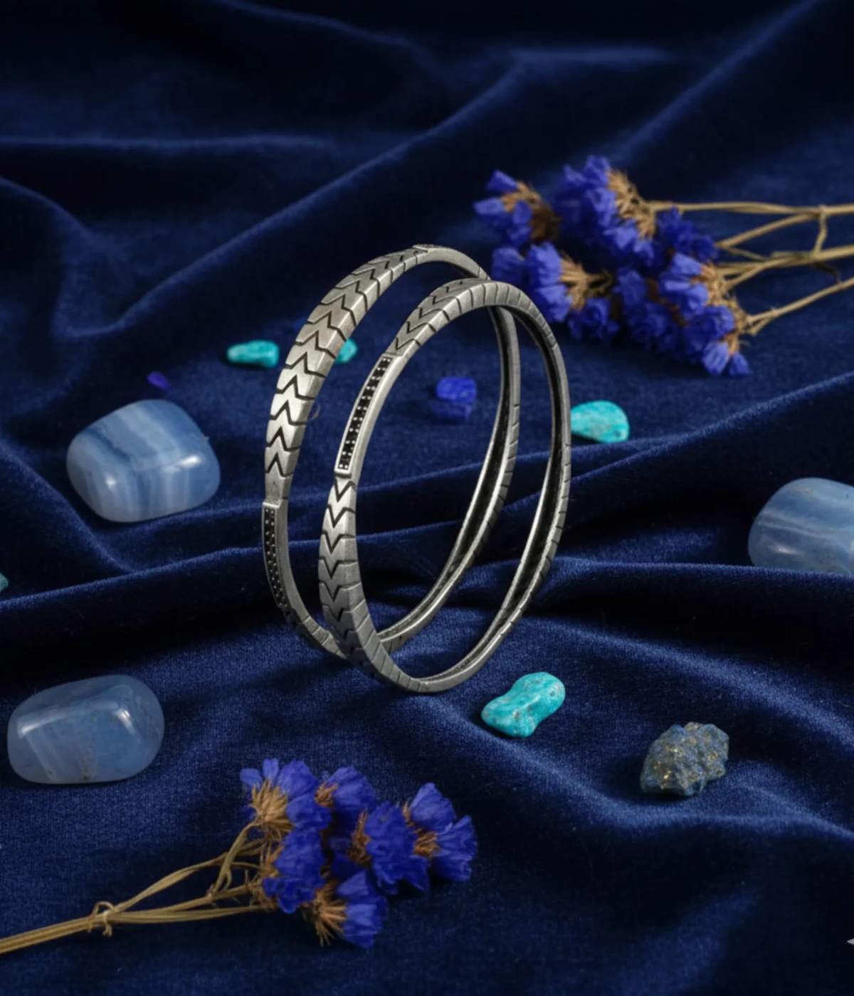 Set of 2 Oxidized Sterling Silver Stackable Bangles featuring a bold geometric chevron pattern and black accents. Vintage tribal jewelry gift in 925 silver.