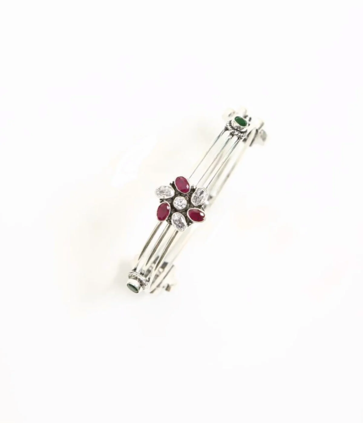 Sterling Silver Multi-Strand Bangle. Features a central Floral motif set with Ruby (maroon) and clear CZ gemstones. Stackable bracelet with a layered design, ideal for daily wear Indian jewelry.