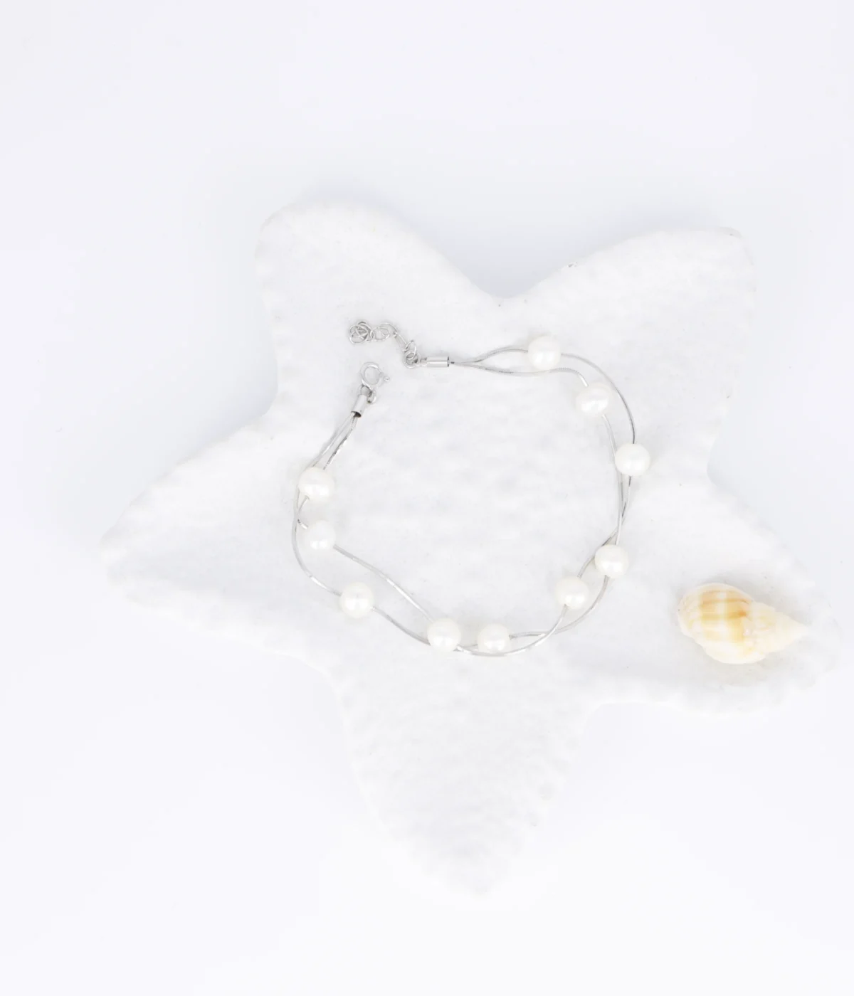 NeerSterling Silver Double Strand Pearl Bracelet with scattered Freshwater Pearls. Dainty layered chain bracelet, ideal for minimalist or bridal jewelry.