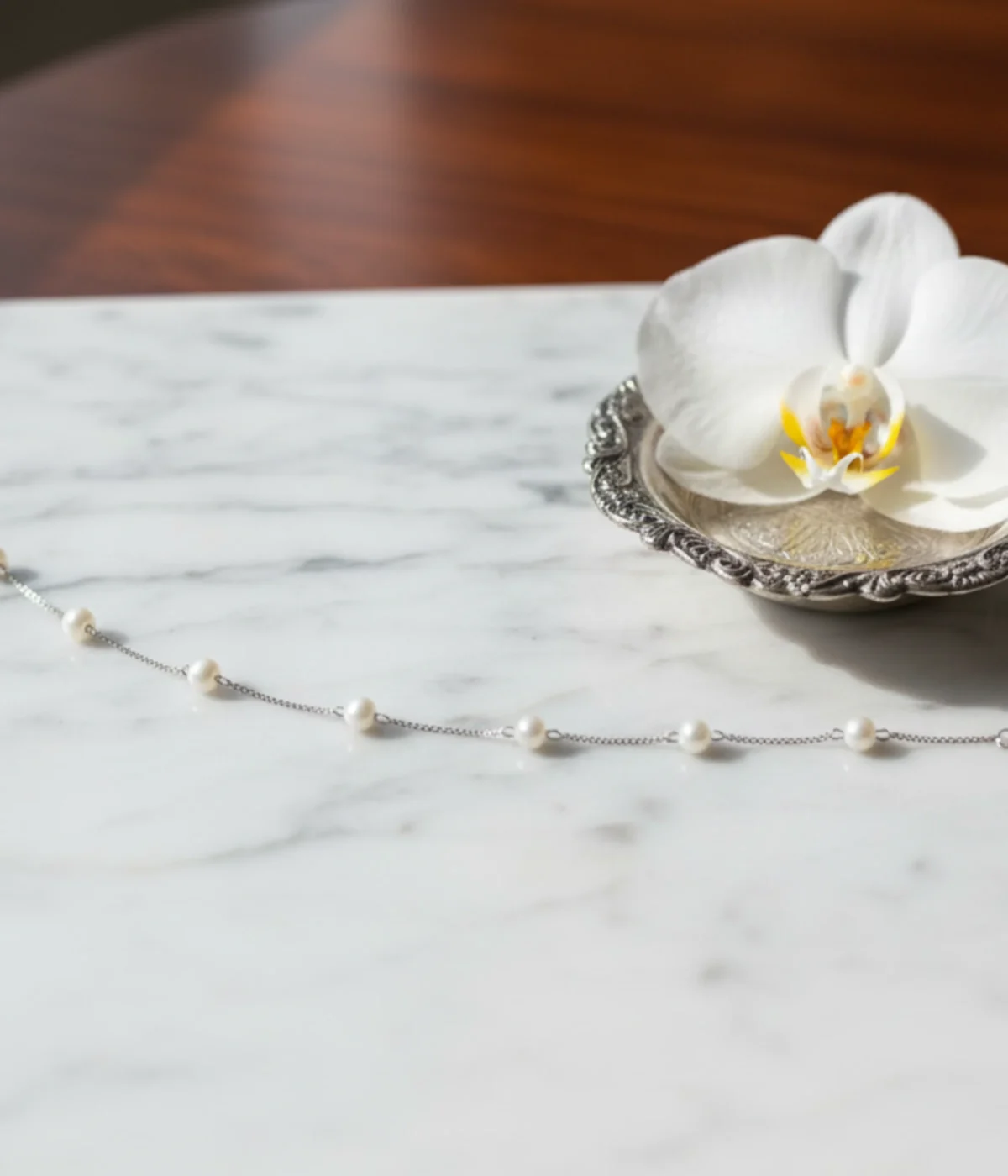 NeerSterling Silver Dainty Floating Pearl Station Bracelet. Minimalist 925 silver chain featuring evenly spaced freshwater pearls. Elegant stacking jewelry (consider 4 quantity for layering).