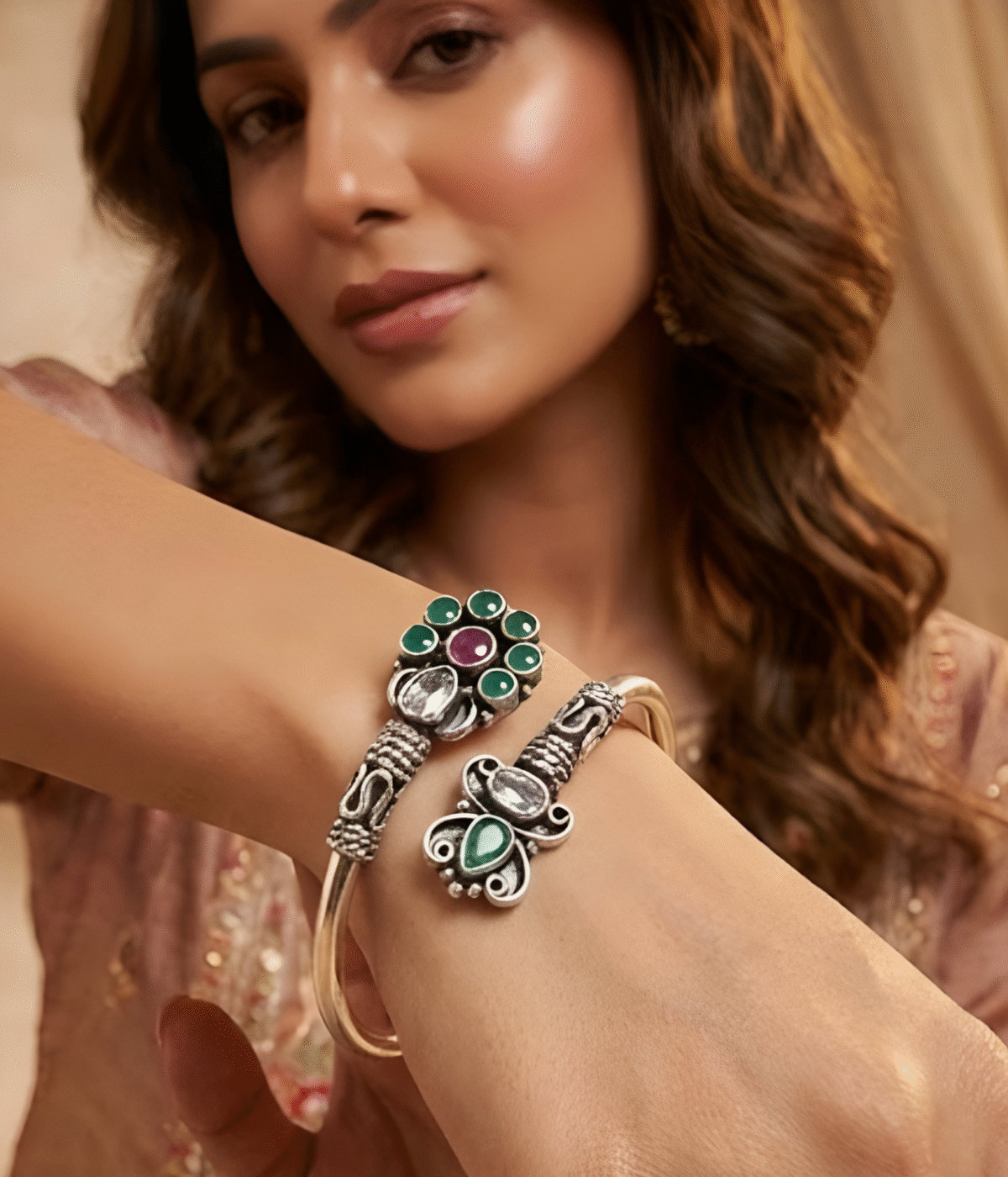 Handcrafted oxidized silver floral bracelet weighing 16.3 grams with green and maroon stone accents in a traditional Indian Kada style
