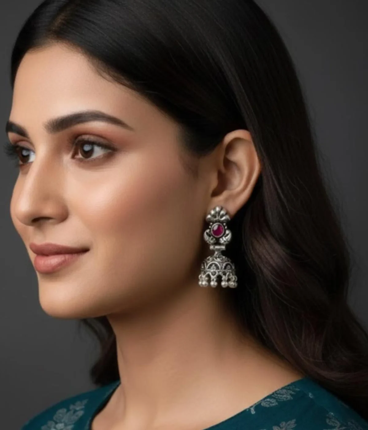 Small Oxidized Jhumki Earrings (10.5 gm) being worn. The Traditional Indian design features a Purple Stone stud and intricate Elephant Motif detail. Dainty Antique Silver jewelry.