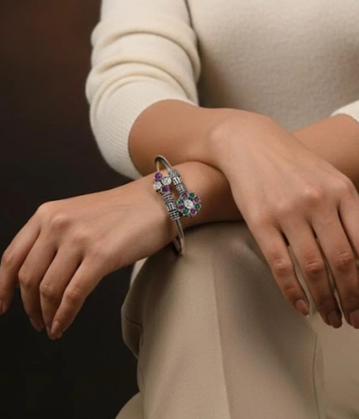 Handcrafted 17.1 gm oxidized silver floral stone bracelet featuring a vibrant emerald green and ruby maroon dual-flower design