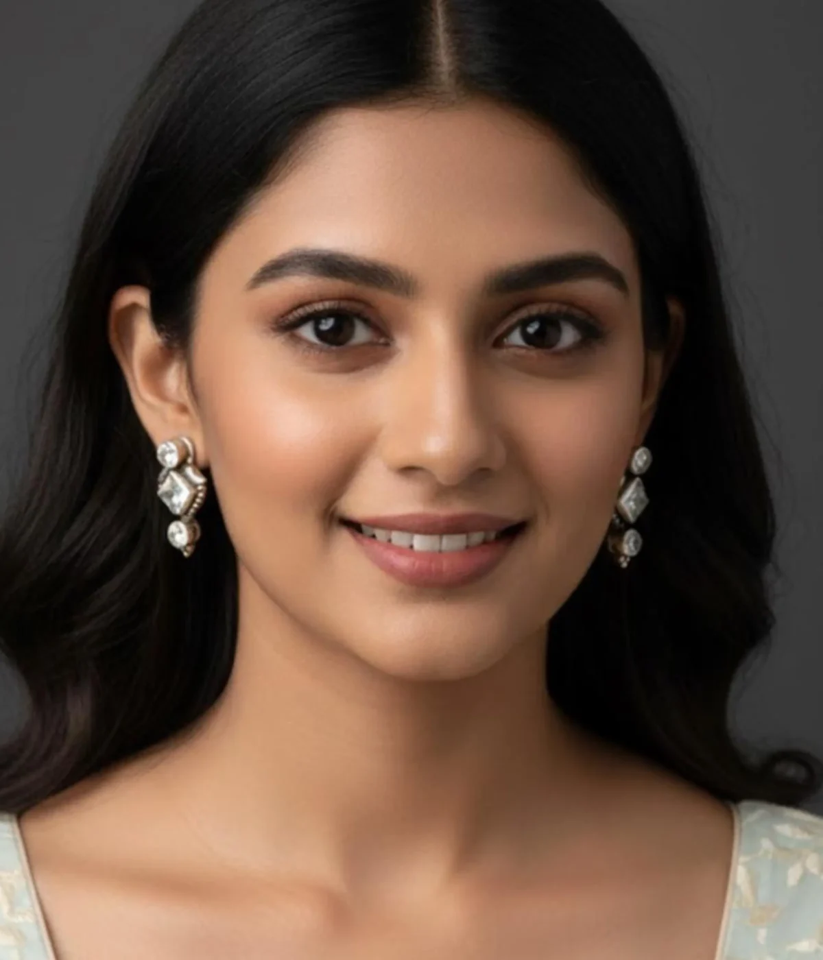 Pair of Oxidized Stud Drop Earrings. Vintage style silver tone dangles with a central Square CZ Stone, displayed in a velvet-lined wooden jewelry box.