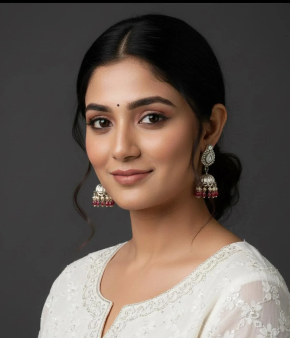 Traditional Oxidized Silver Jhumka Earrings (13 gm) being worn. Features a clear teardrop stone top, bell shape, and contrasting Red Bead Drop Dangles. Classic Indian festive jewelry.